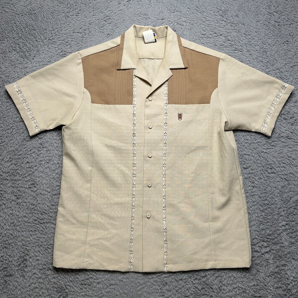Vintage 70s Iolani Executive Hawaiian Shirt Mens L Tan Cabana Ricky Lace Crow